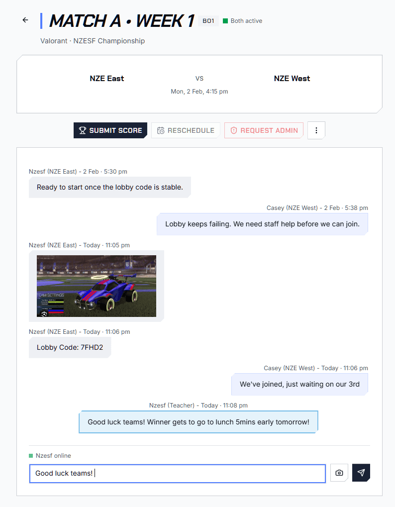 Match chat with every message visible to the teacher and referee